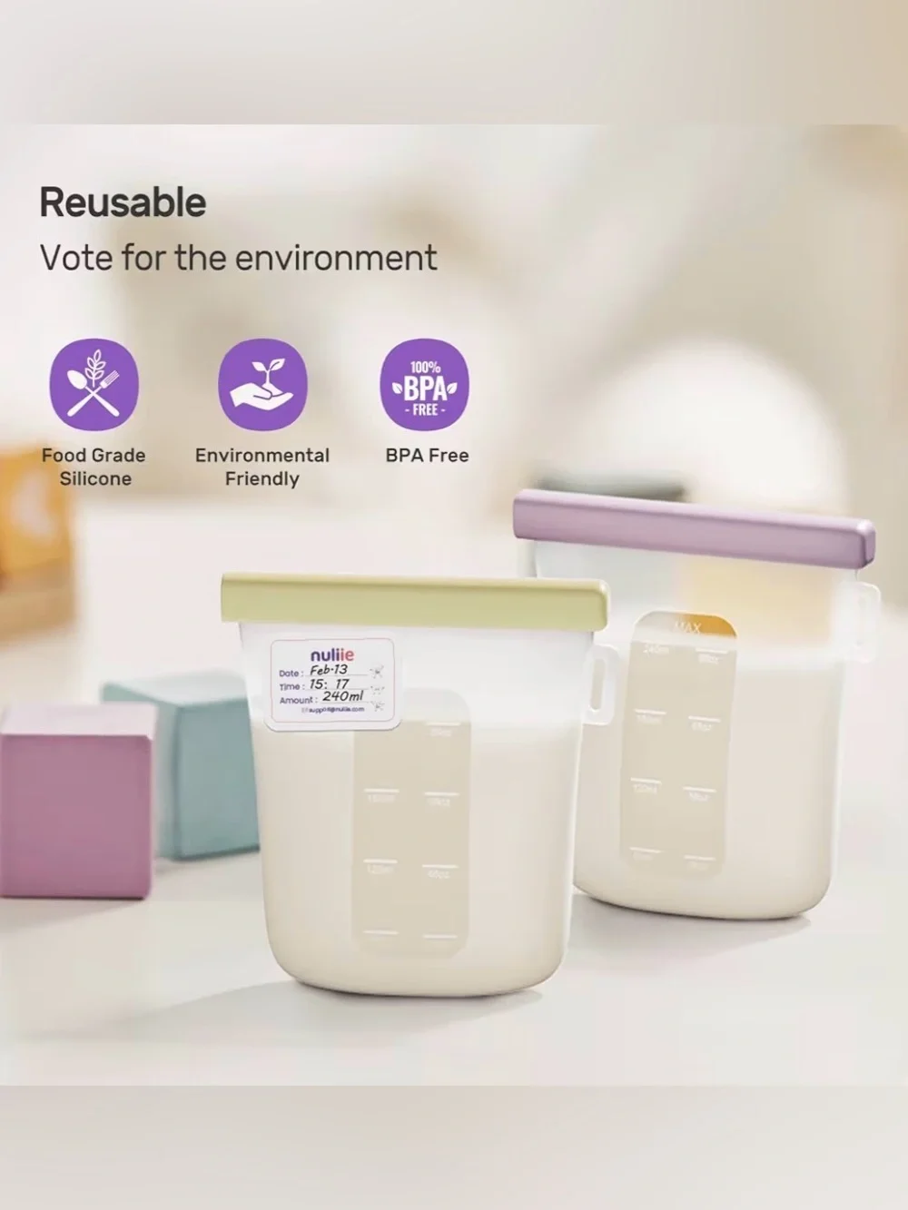 Nuliie 5-Pc Silicone Breastmilk Storage Bags — 8oz/240ml 🍼💗